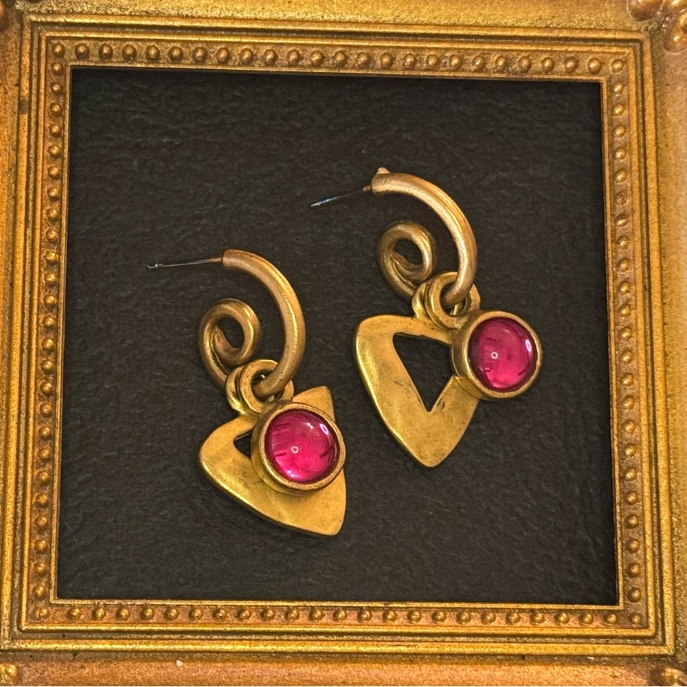 VTG French Gold Swirl Pink Cabochon Hoop Earrings - Picture 3 of 8